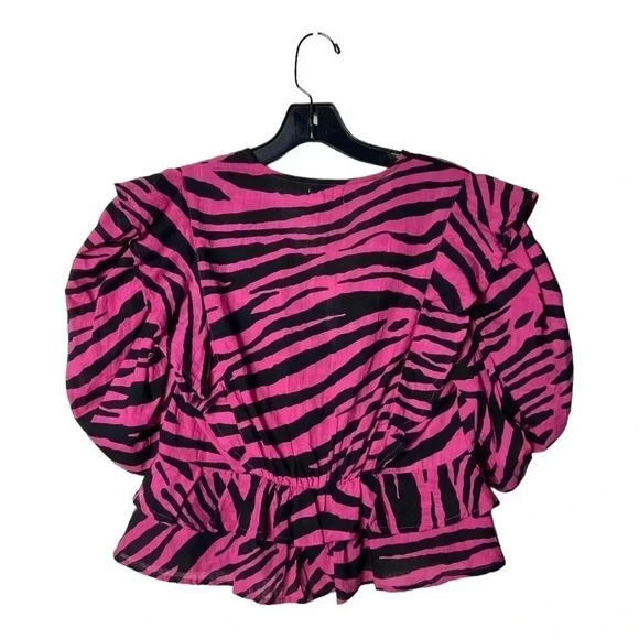 1404. ANTHROPOLOGIE RAHI SHORT PUFFER SLEEVES TOP XSMALL ZEBRA PRINT HOT PINK - Picture 8 of 11